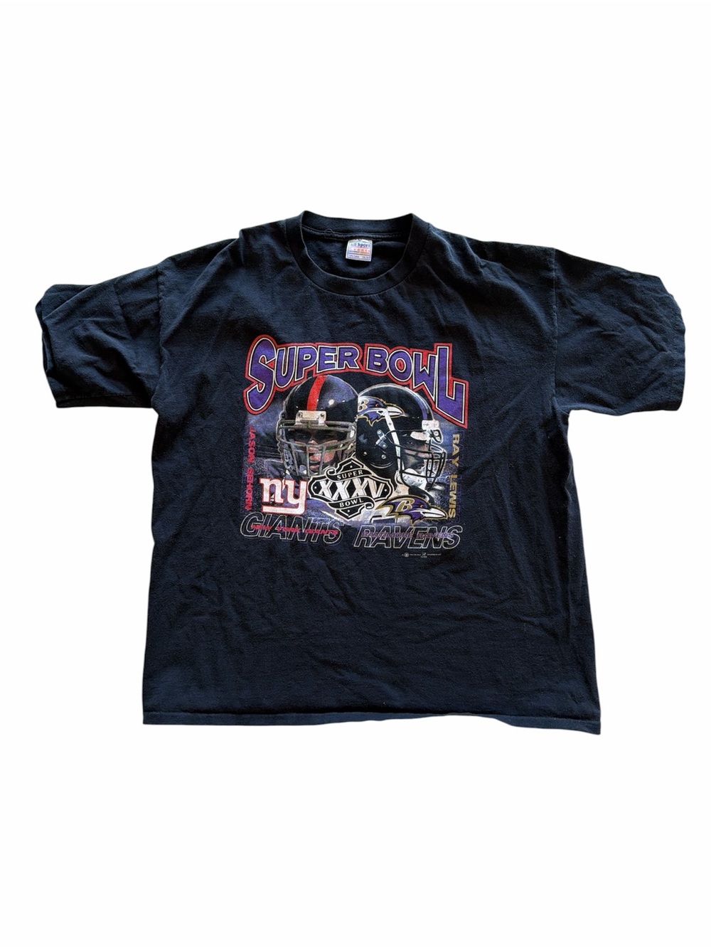 Vintage Super Bowl XXXV Giants vs Ravens NFL Graphic T-Shirt Black XXL